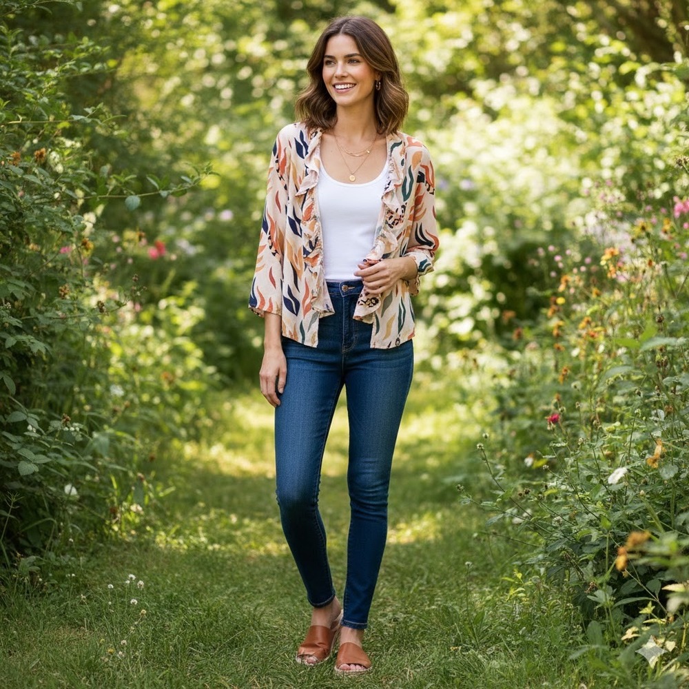 Standard Issue Womens Abstract Print Ruffle Open Front Cardigan Artsy Electric - Picture 7 of 7